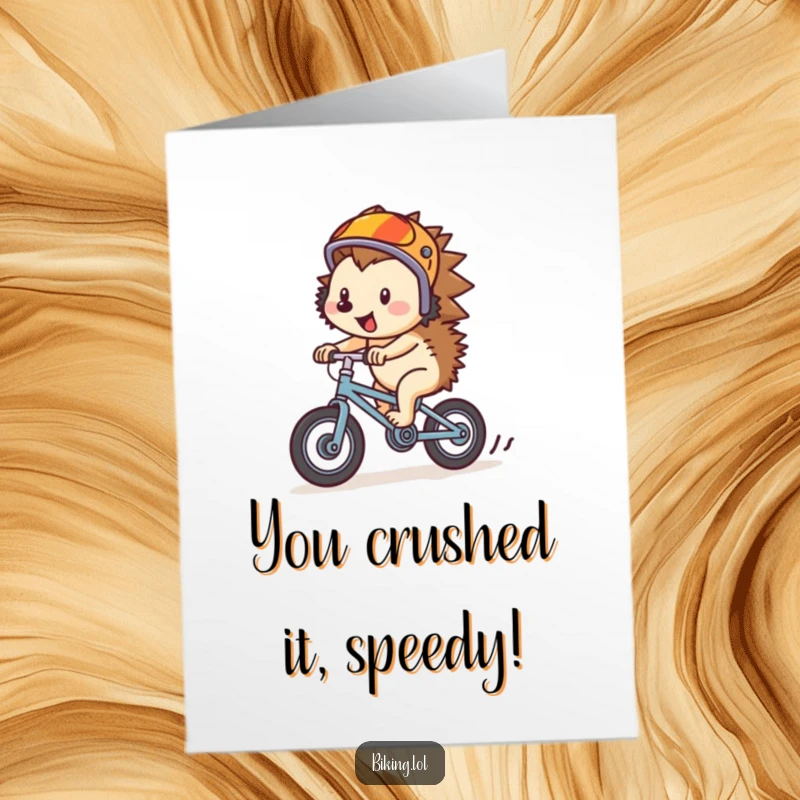 Funny free printable congratulations card, a cheerful hedgehog in a helmet, speeding downhill on a tiny bike, celebrating success.