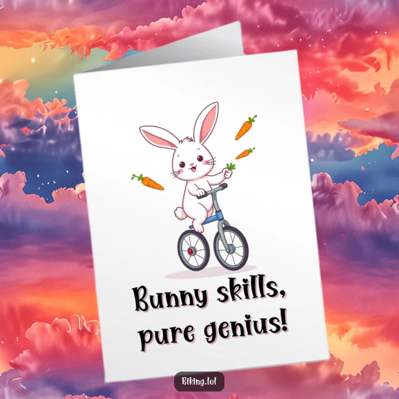 Funny Free Printable Congratulations Card: A playful rabbit performs a balancing act on a unicycle, juggling carrots in celebration.