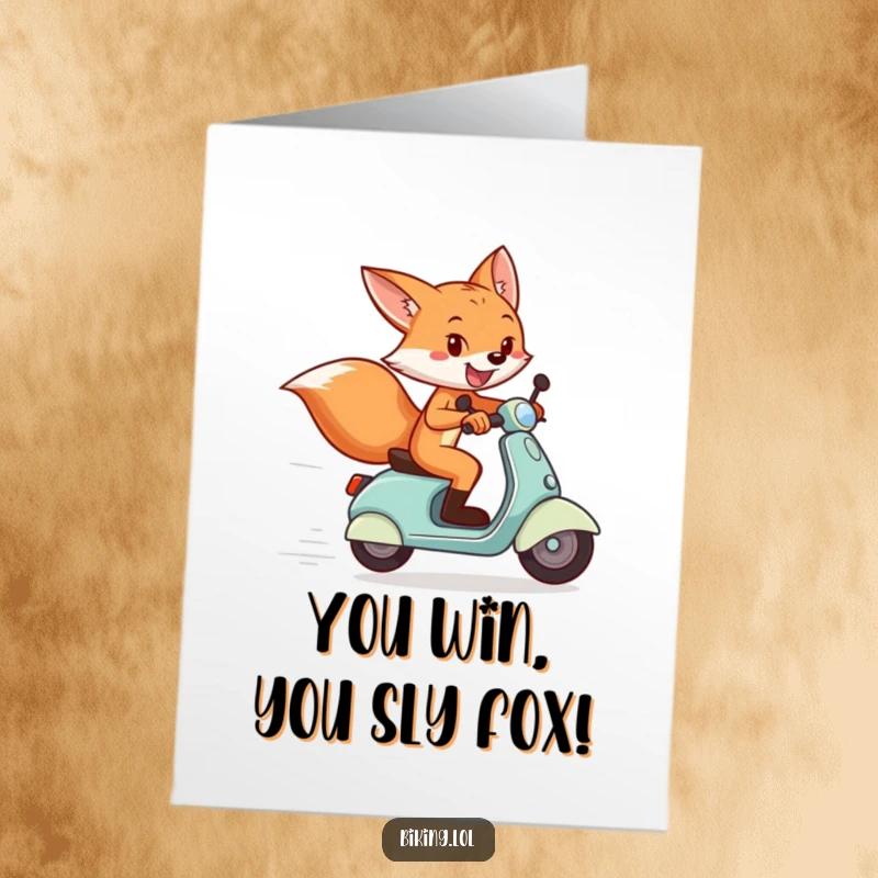 Funny Free Printable Congratulations Card: Playful fox on a scooter, crossing a finish line with a huge grin, embodying victory.
