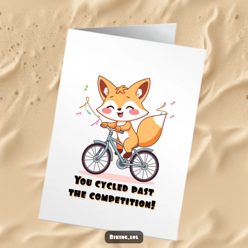 Funny Free Printable Congrats Card: Fox joyfully riding a bike with streamers, representing a successful journey.