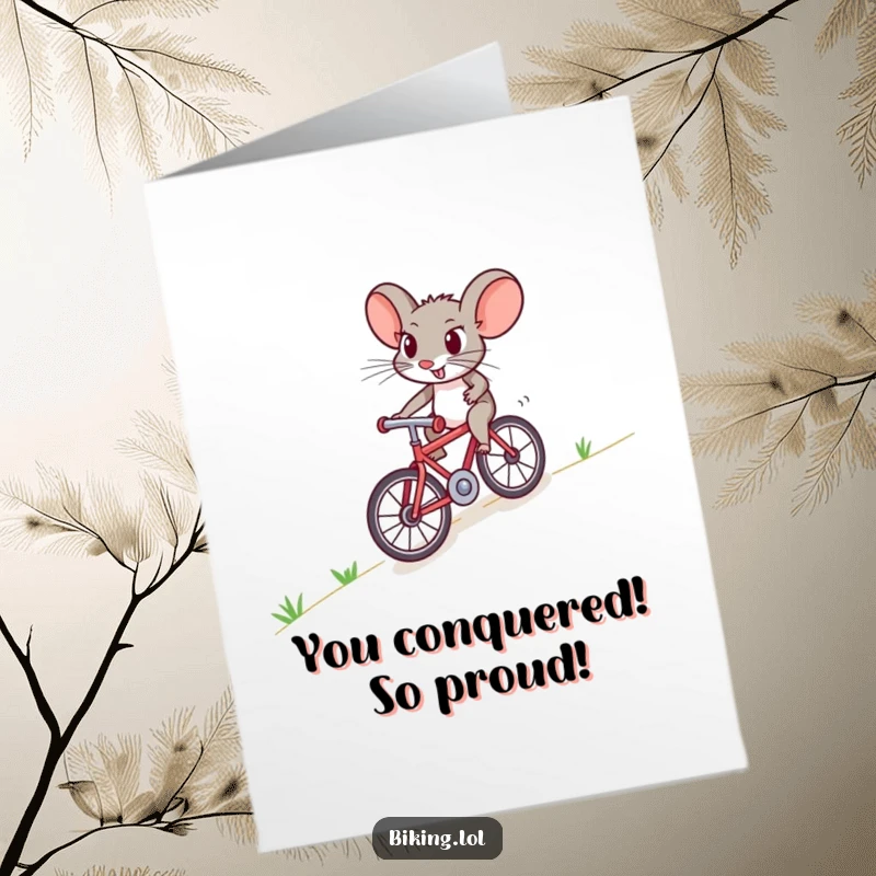 Funny Free Printable Congratulations Card depicting a brave mouse conquering an uphill bike ride with unwavering determination.