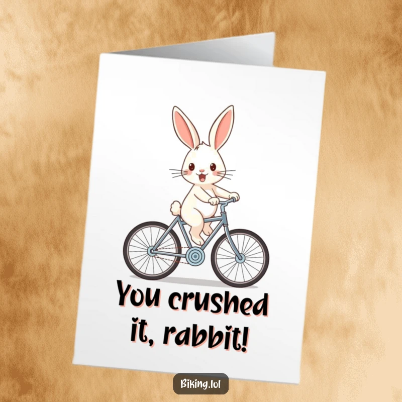 Funny Free Printable Congratulations Card: Cheerful rabbit zooming downhill on a bicycle with wind-swept ears, celebrating wins with speed.