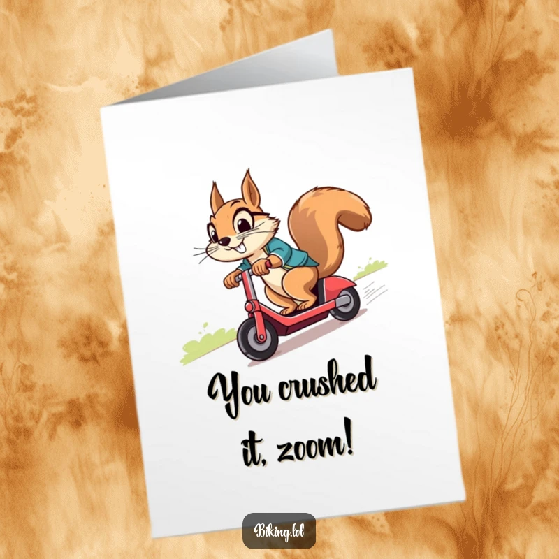 Funny Free Printable Congratulations Card: Squirrel speeding on a scooter, celebrating a victory with a cheeky, determined grin.
