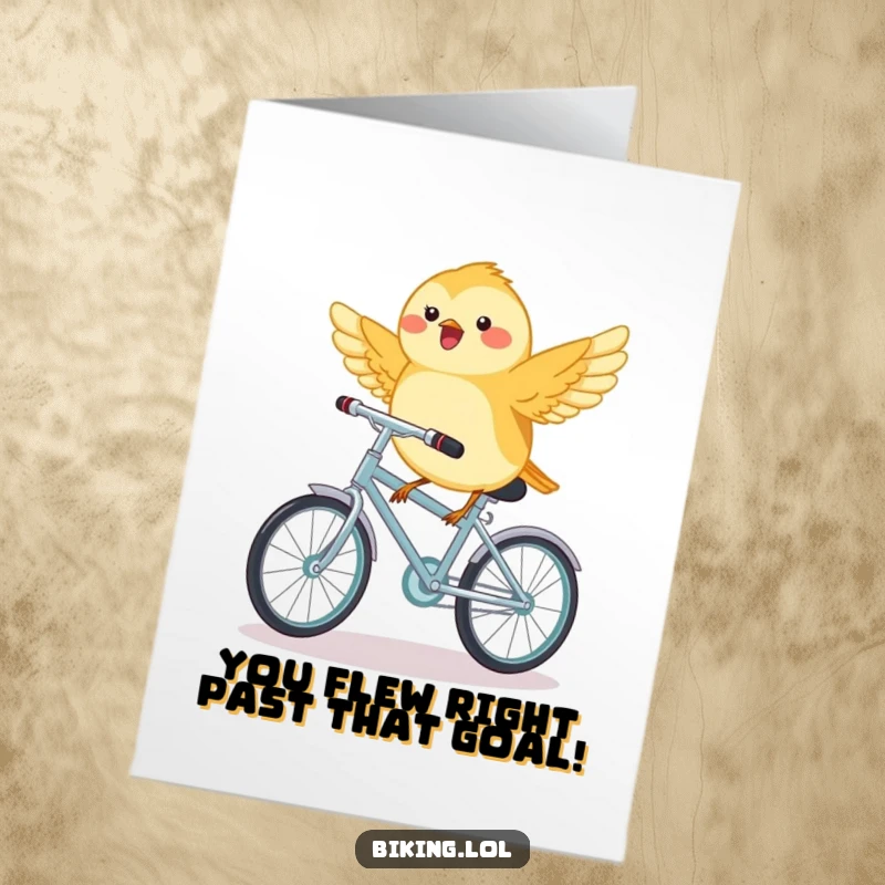 Funny Free Printable Congratulations Card: A joyful chickadee on a mini bike with wings out, celebrating a big win.