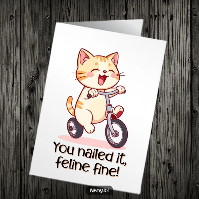 Funny Free Printable Congrats Card: A smiling cat expertly balances and pedals a unicycle, celebrating a remarkable achievement.