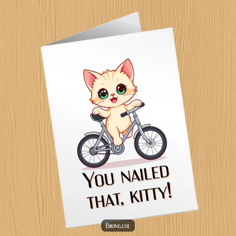 Funny Free Printable Congratulations Card: A delighted kitten with wide eyes, skillfully balancing on a stationary bicycle crank.