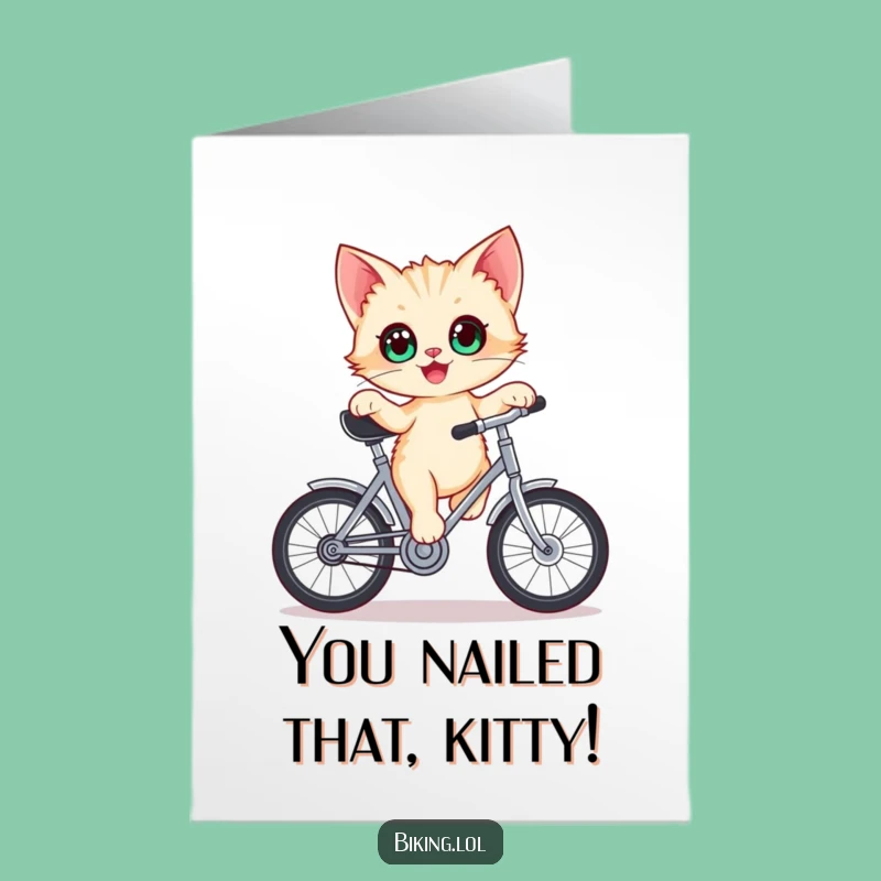 Free Printable Congrats Card: Kitten's Bike Balance - Playful Downloadable Gift