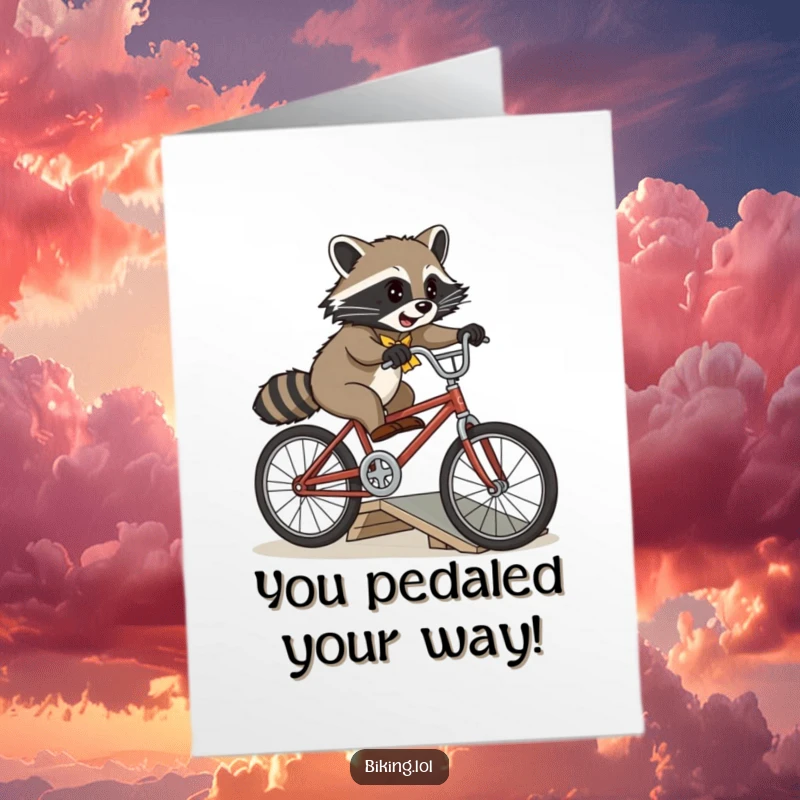 Funny Free Printable Congrats Card: A playful raccoon performs a bicycle jump over a ramp on a vintage bike, celebrating a big win.