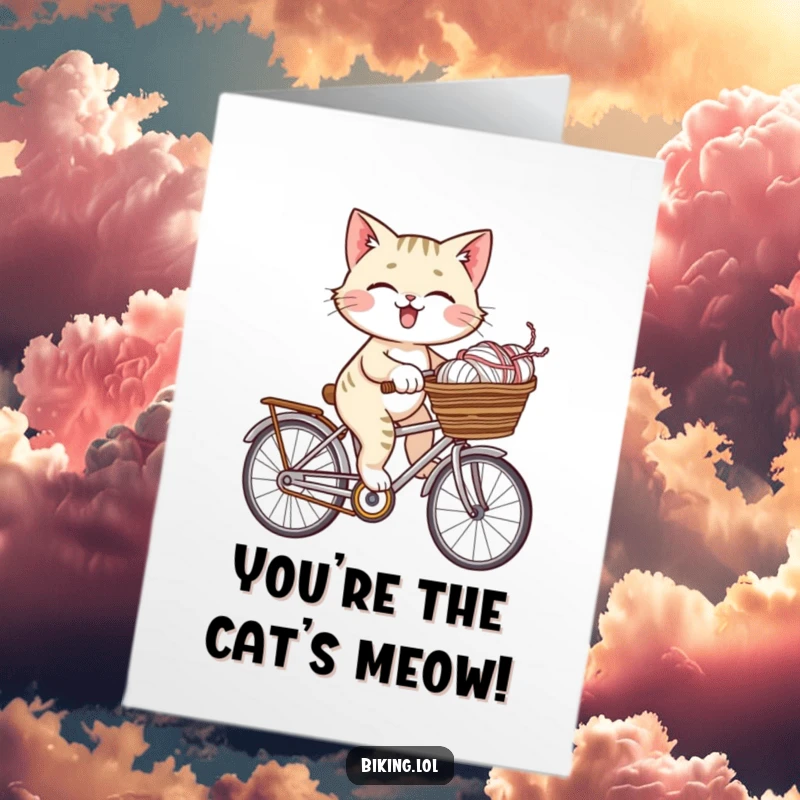 Funny Free Printable Congratulations Card: A giggling cat pedals a bicycle, its basket brimming with playfully tangled yarn.