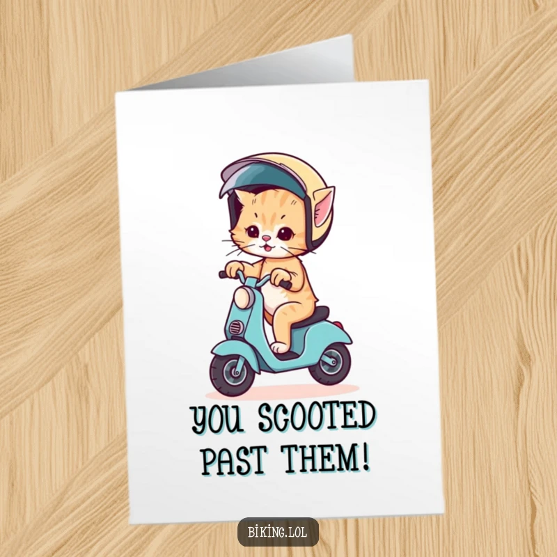 Funny Free Printable Congrats Card: Wobbly kitten on scooter with comically large helmet, celebrating a hilarious success.