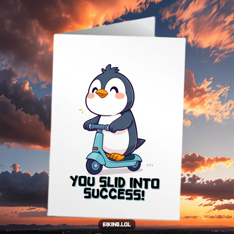 Funny Free Printable Congratulations Card: An excited penguin zooms on a scooter with a determined expression, marking a fast achievement.