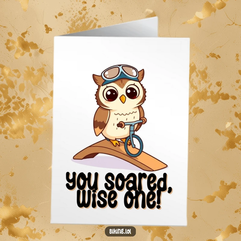 Funny free printable congratulations card, a cute owl wearing a cycling cap, elegantly navigating a ramp, celebrating achievement.