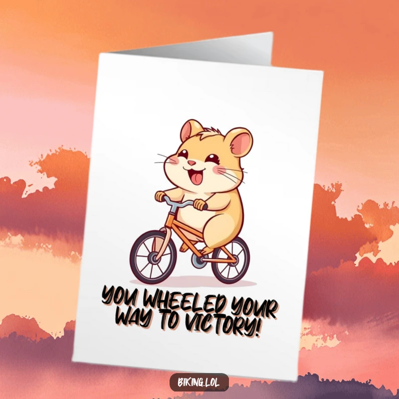 Funny Free Printable Congratulations Card: Joyful hamster pedaling a tiny bicycle uphill with a determined grin, perfect for celebrating wins.