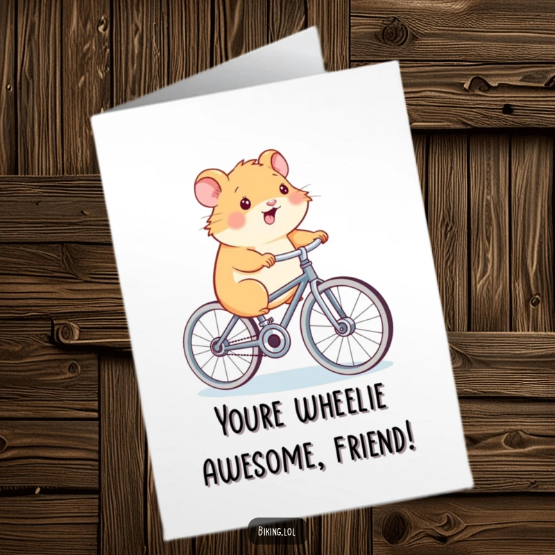 Funny Free Printable Congratulations Card: A happy hamster pedals a bicycle with huge wheels, symbolizing forward momentum.