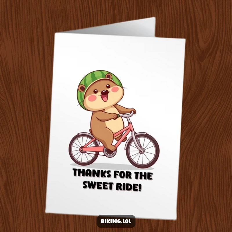 Funny Free Printable Thank You Card: Beaver on bike with watermelon helmet, delivering thanks, downloadable greeting.