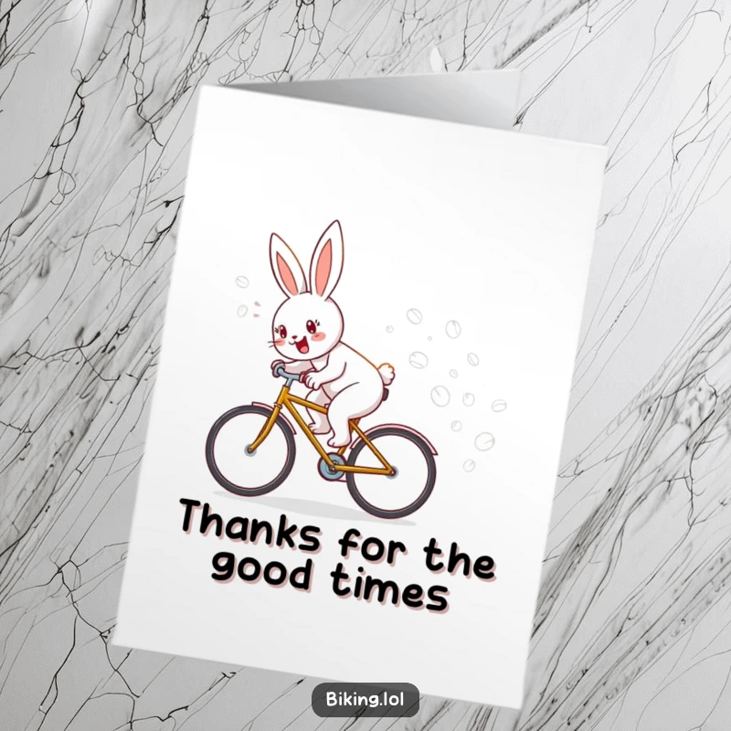 Funny Free Printable Thank You Card: A cheerful bunny zooms on a bike, trailing bubbles as a quirky thank you gesture.