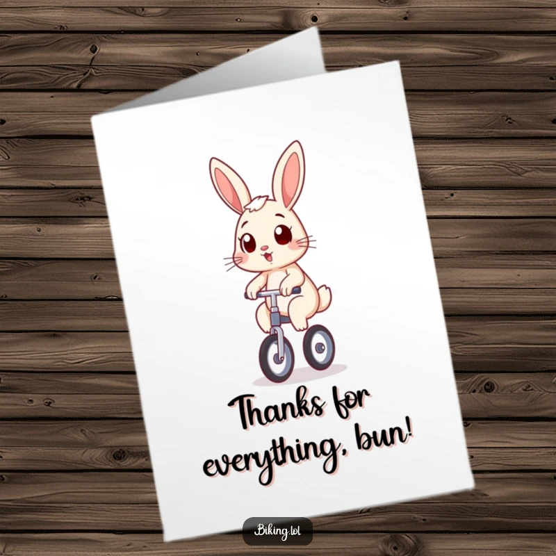 Funny Free Printable Thank You Card: Bunny on a unicycle, determined grin, showing thanks, downloadable.