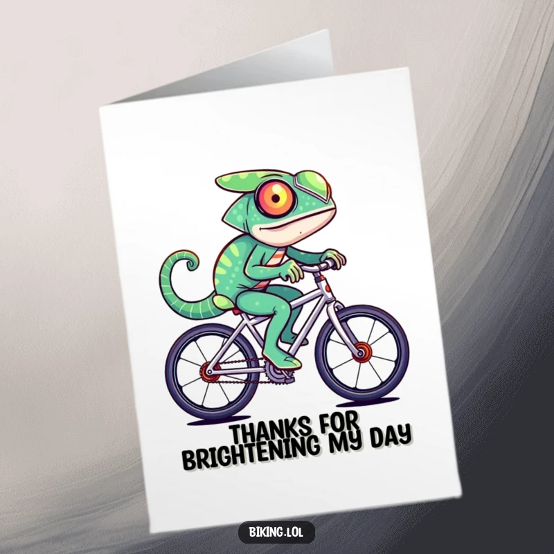 Funny Free Printable Thank You Card: A chameleon on a fast bicycle shifts through a rainbow of colors, offering thanks.