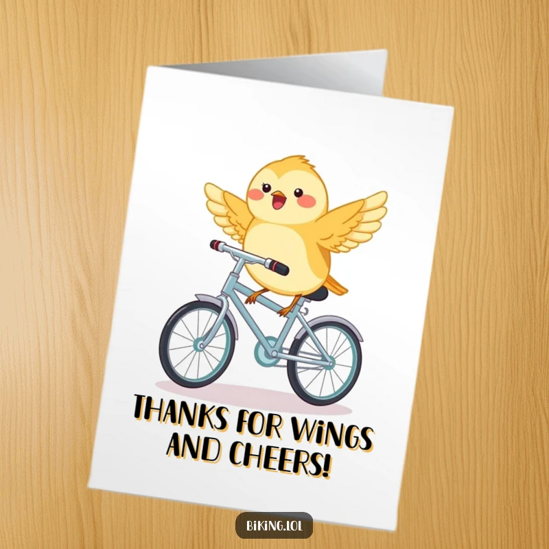 Funny Free Printable Thank You Card: A chickadee happily rides a miniature bicycle with wings spread, conveying thanks.