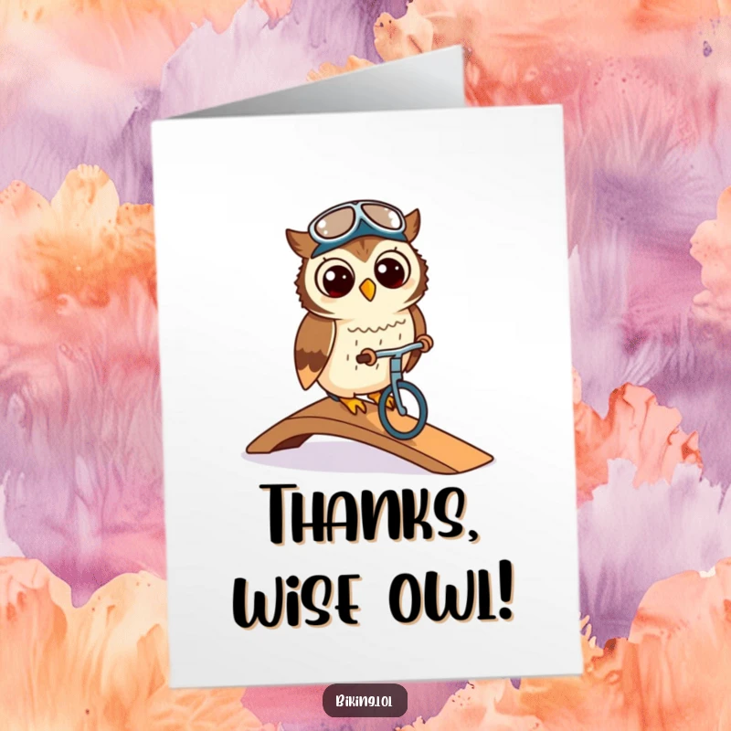 Funny free printable thank you card, a cute owl wearing a cycling cap, elegantly navigating a ramp, showing appreciation.