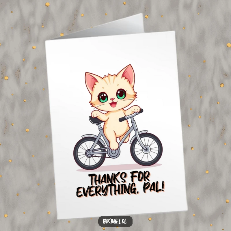 Funny Free Printable Thank You Card: A delighted kitten with wide eyes, finding balance on a stationary bicycle crank.