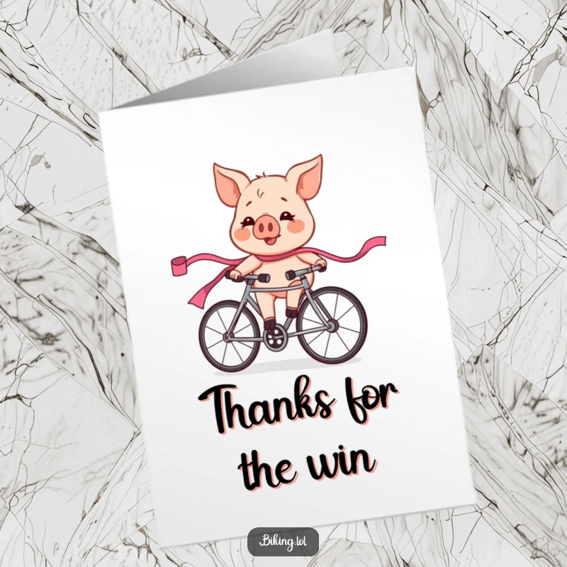Funny Free Printable Thank You Card: A pink ribbon-trailing, exhilarated pig on a bike gives a heartfelt thank you.