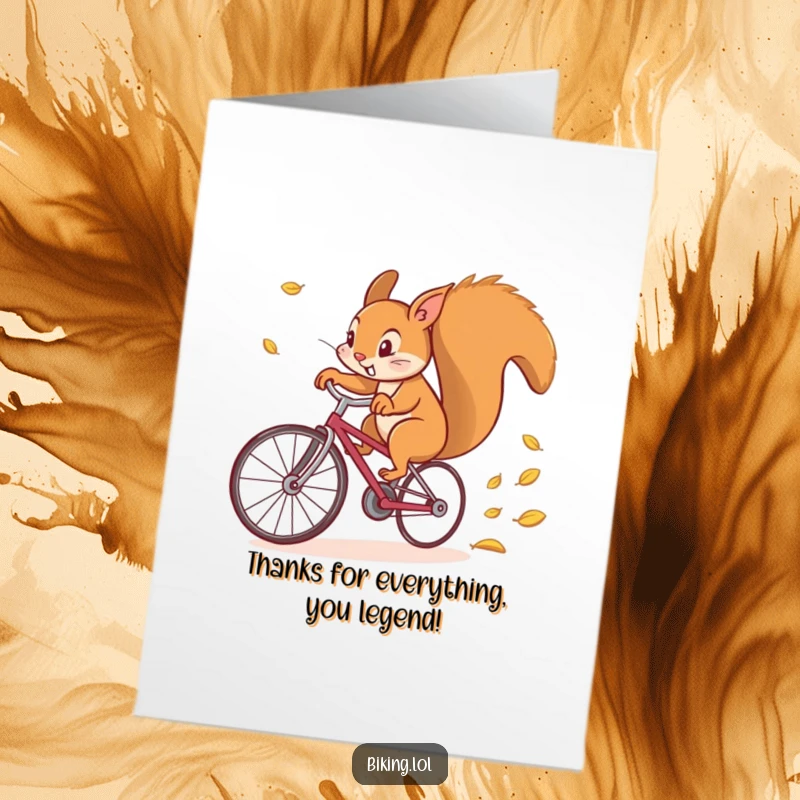 Funny Free Printable Thank You Card: Squirrel on a bicycle, conveying thanks with energetic speed and a trail of leaves.
