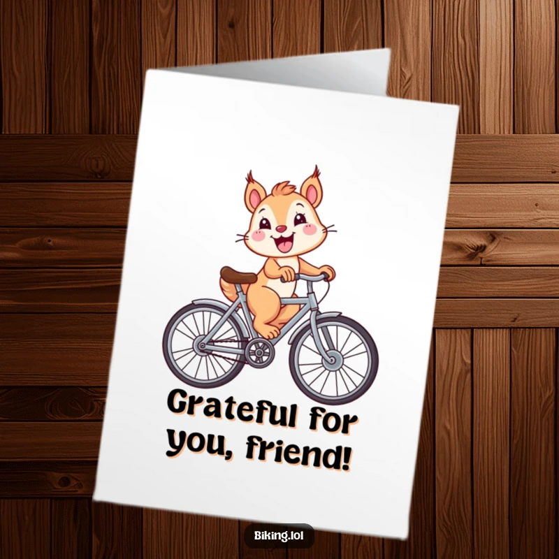 Funny Free Printable Thank You Card: A cheerful squirrel rides a bike with oversized wheels, spreading joy and thanks.
