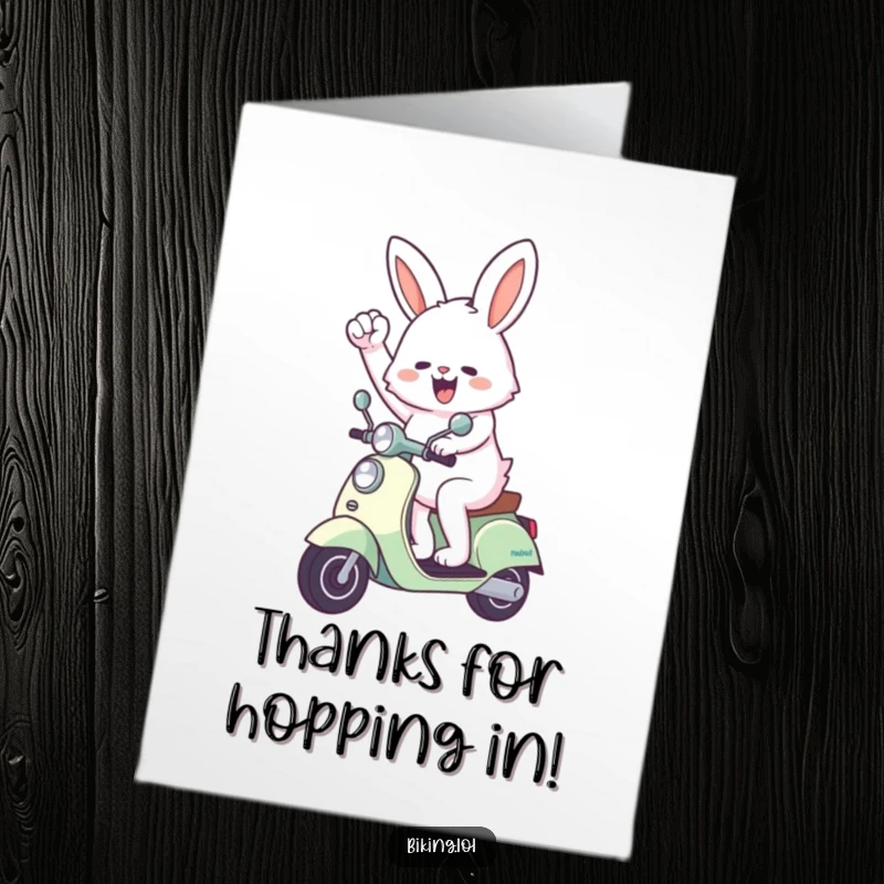 Funny Free Printable Thank You Card: A happy bunny rides a scooter, enthusiastically pumping its fist in a gesture of thanks.