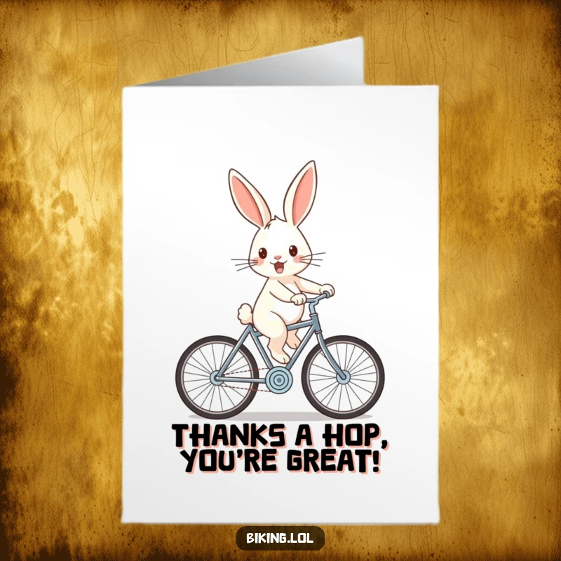 Funny Free Printable Thank You Card: Cheerful rabbit zooming downhill on a bicycle with wind-swept ears, a humorous and speedy thank you.