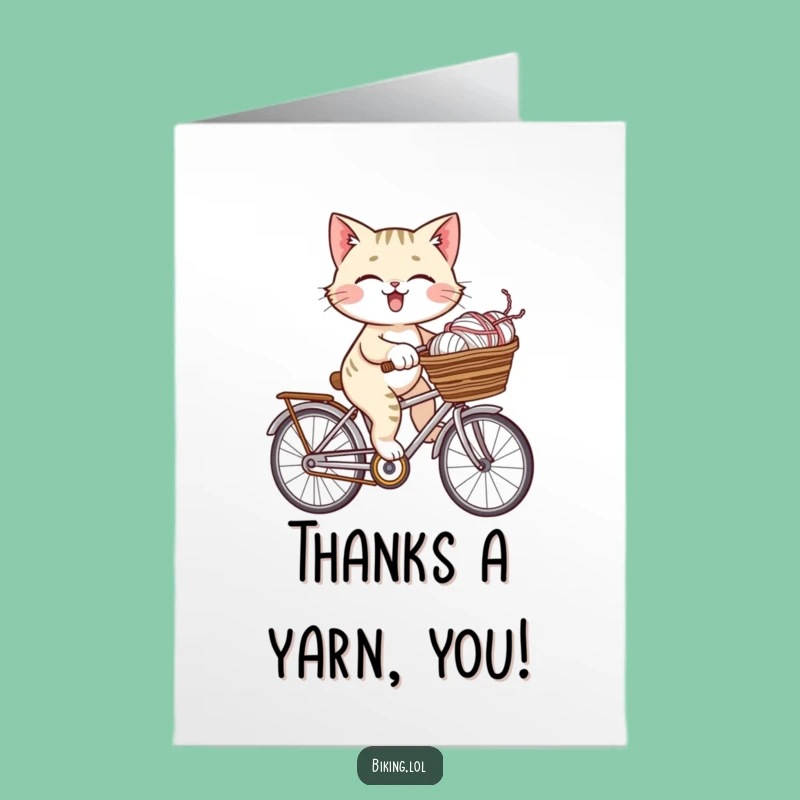 Free Printable Thanks Card: Cat Yarn Bike Funny Downloadable Gift for Expressing Gratitude