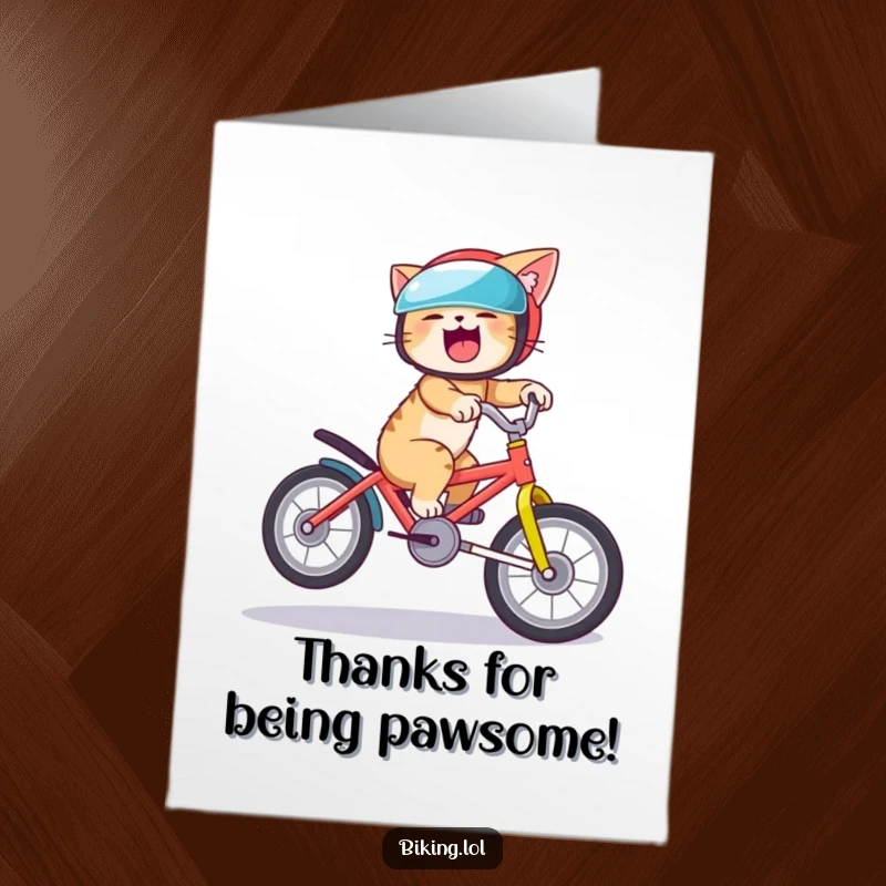 Funny Free Printable Thank You Card: A helmeted cat laughs hysterically while executing a skillful wheelie on a colorful bike.