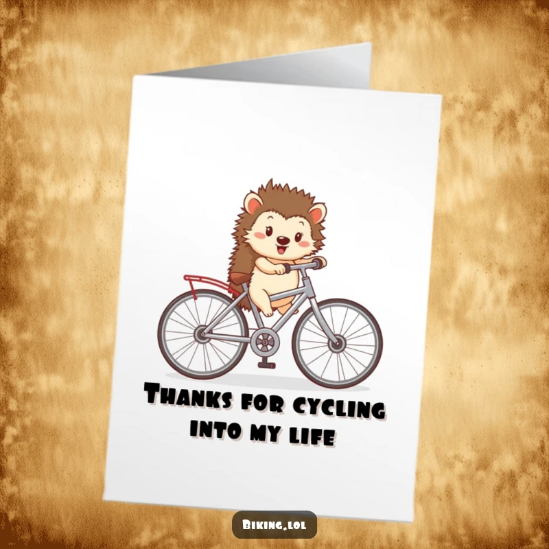 Funny Free Printable Thank You Card: Cheerful hedgehog riding a tiny bike with oversized wheels, conveying heartfelt thanks.