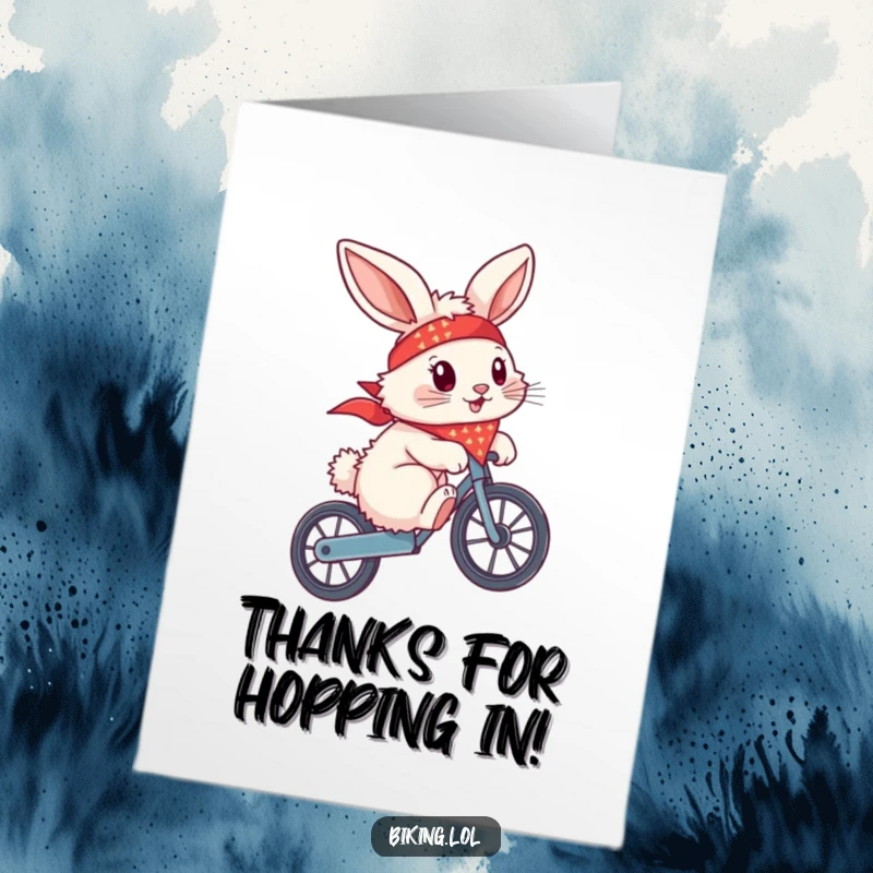 Funny free printable thank you card, a fluffy bunny with a bandana flying, attempting a wheelie on a bike, showing appreciation.