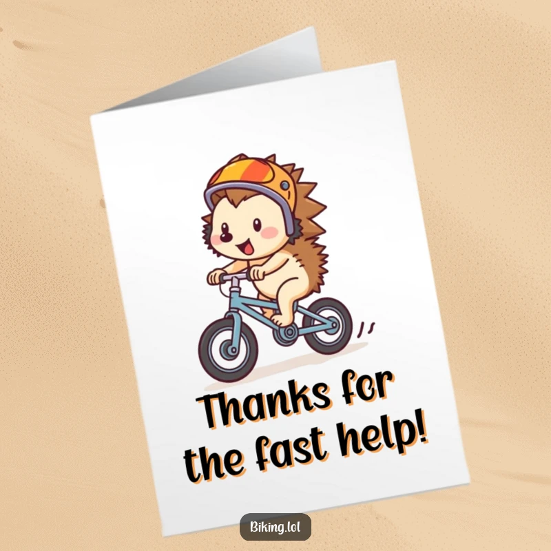 Funny free printable thank you card, a cheerful hedgehog in a helmet, speeding downhill on a tiny bike, delivering thanks.