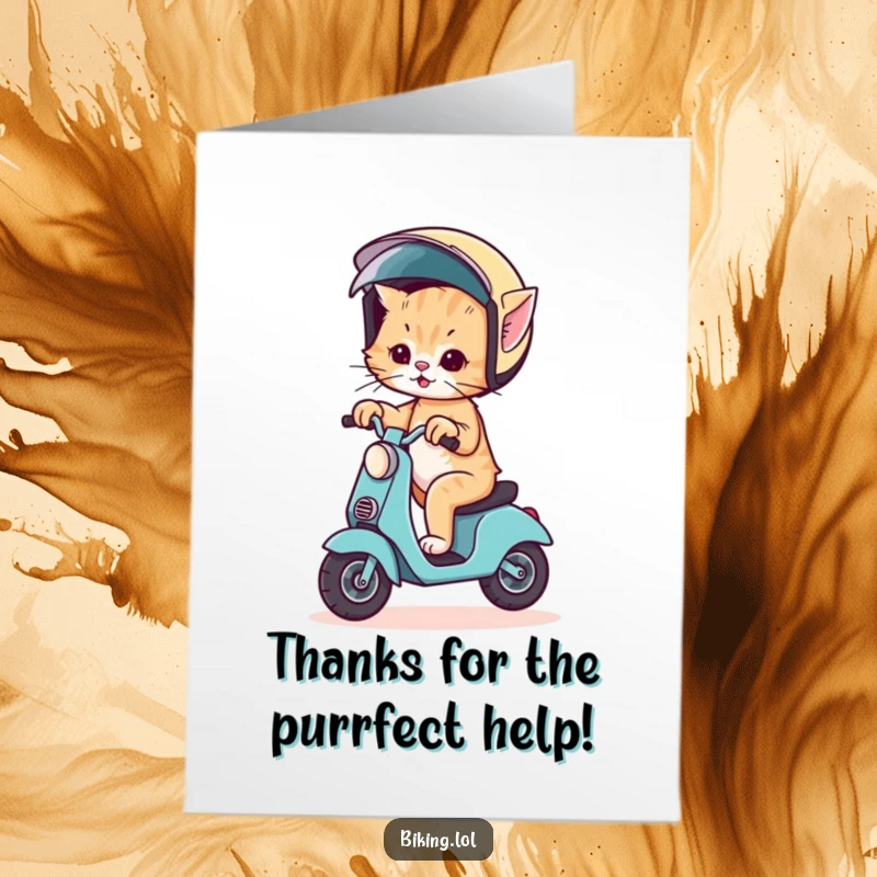Funny Free Printable Thank You Card: Wobbly kitten on scooter with comically large helmet, delivering thanks with a shaky ride.