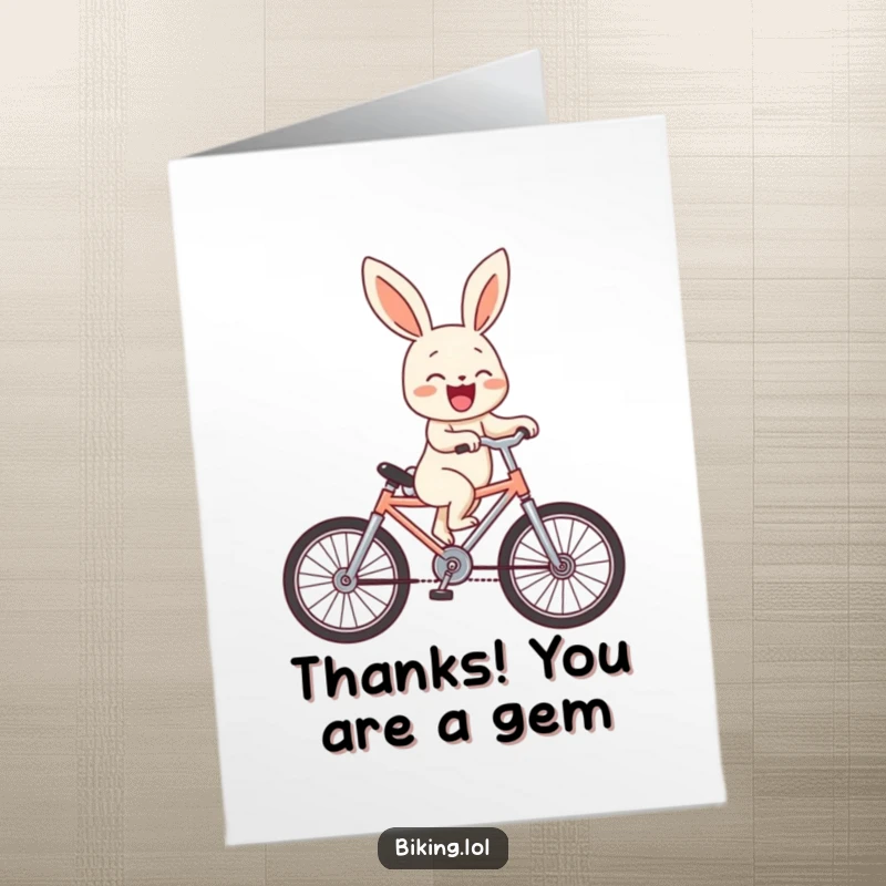 Funny Free Printable Thank You Card: A laughing bunny on a miniature bike does a wheelie, expressing joyful thanks.