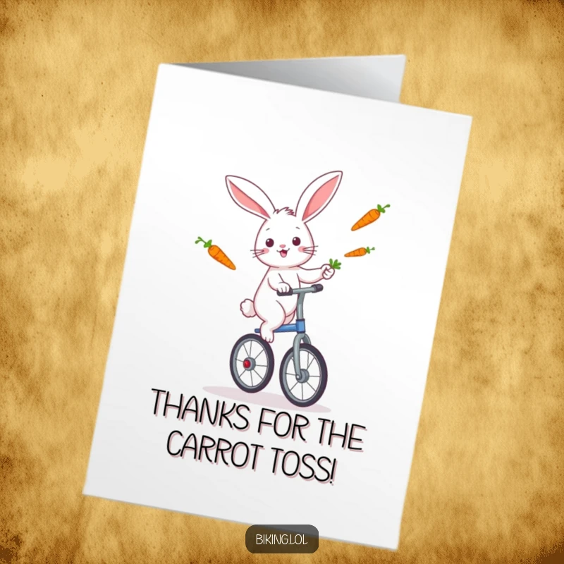 Funny Free Printable Thank You Card: A playful rabbit skillfully juggles carrots while riding a unicycle, expressing thanks.
