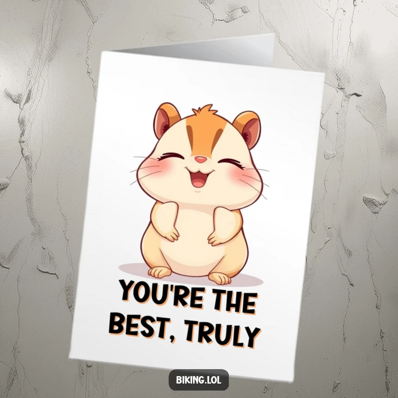 Funny free printable thank you card of a beaming chipmunk pedaling with eyes closed, conveying gratitude in pure bliss.