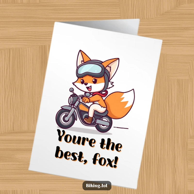 Funny Free Printable Thank You Card: Fox in helmet and goggles speeds on a bike, thanking someone, downloadable.