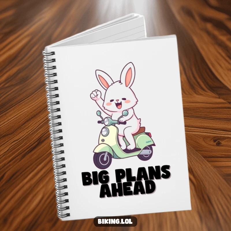 Funny bunny notebook with an enthusiastic bunny riding a scooter and pumping its fist, perfect for jotting down motivational thoughts.
