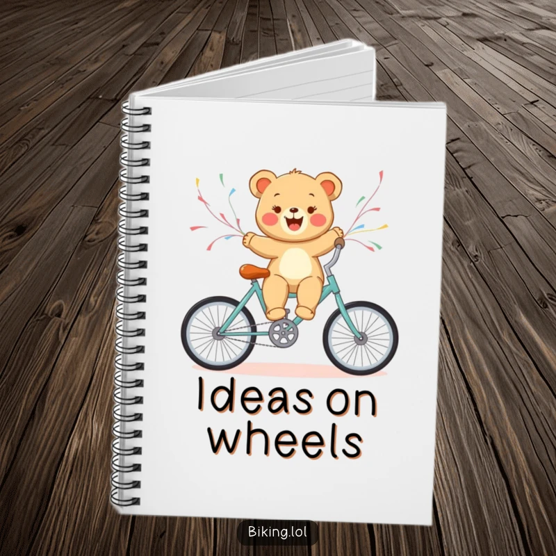 Funny bear cub on a bicycle with streamers, a delightful notebook for capturing thoughts and ideas humorously.