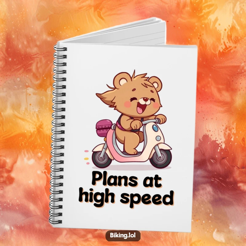 Funny bear cub art on a notebook cover, speeding on a scooter, hair flying, a humorous and inspiring funny gift.