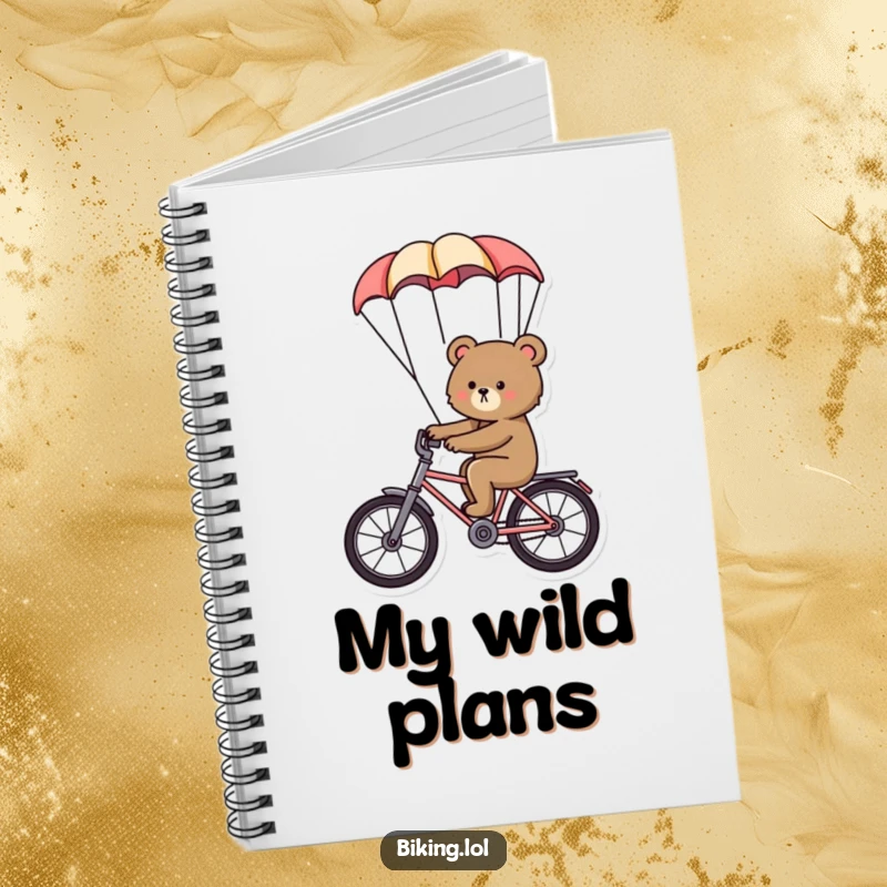 Funny bear notebook, a determined bear riding a bike with a parachute, perfect for planning adventures.