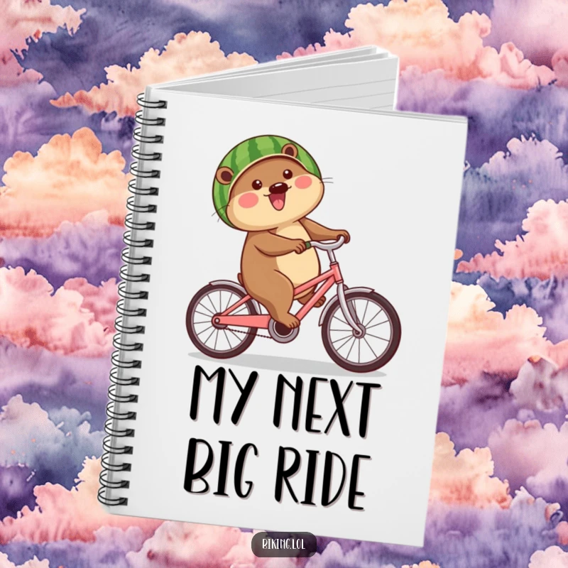 Funny beaver notebook cover with a happy beaver cycling, wearing a watermelon helmet, ideal for jotting down funny thoughts.