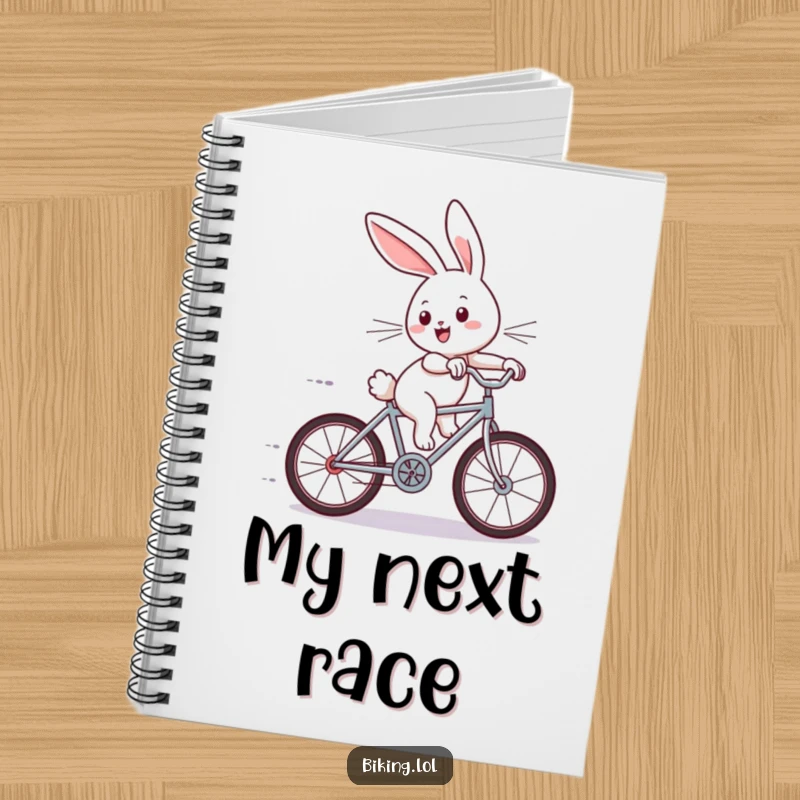 Funny notebook cover with a joyous bunny zooming downhill on a miniature bicycle, wind in its ears, inspiring creative thoughts.