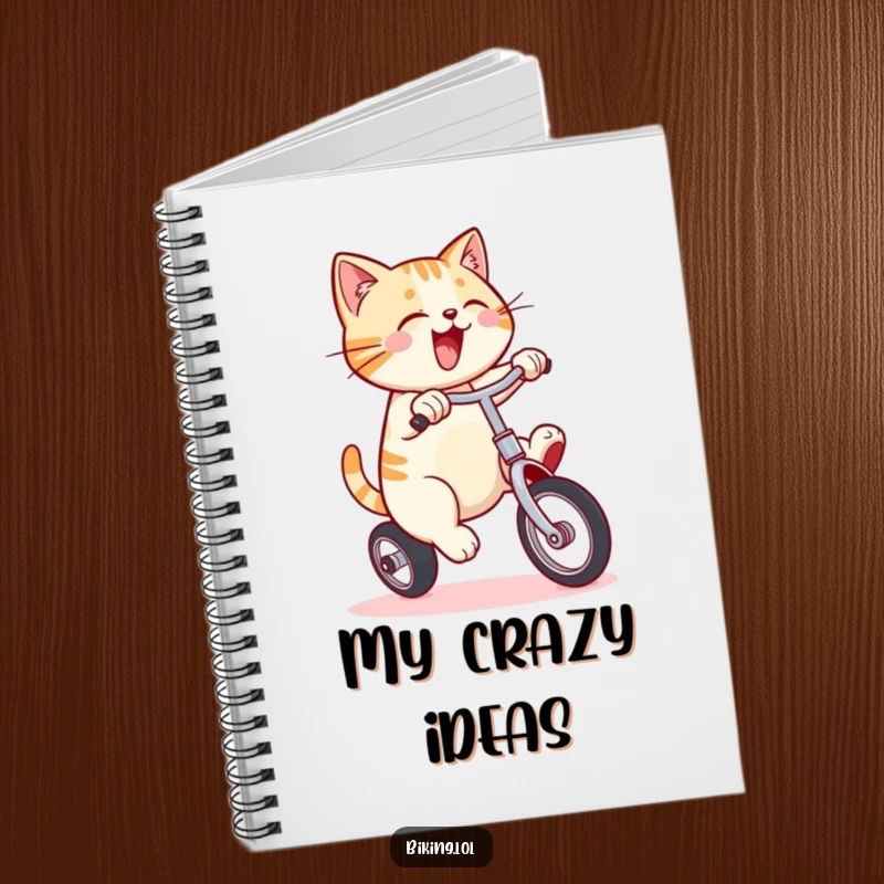 Funny notebook with a smiling cat pedaling a unicycle, great for jotting down plans and humorous ideas.