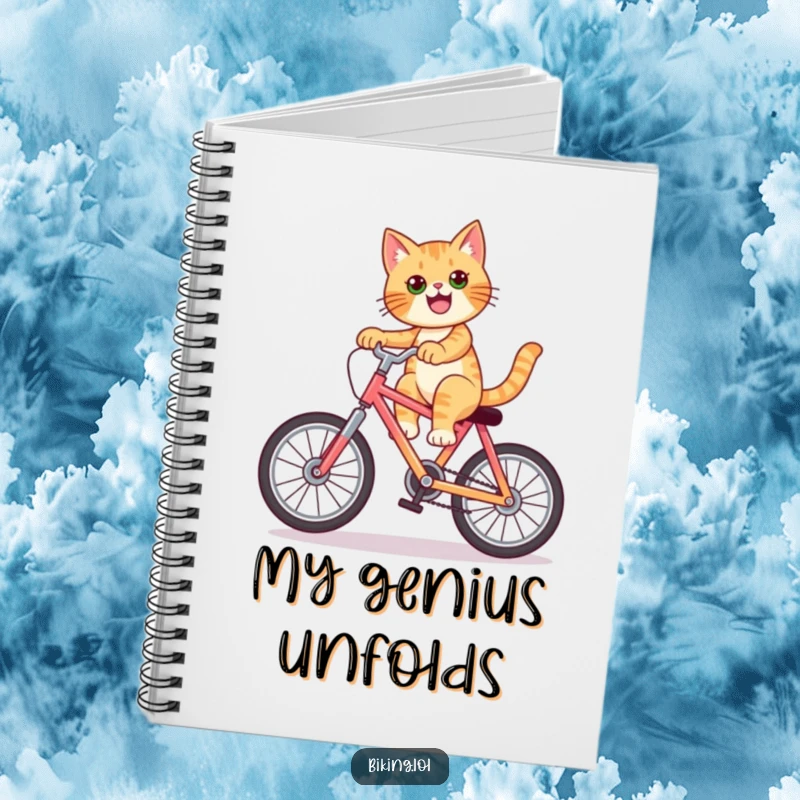 Funny cat notebook with a confident cat doing a wheelie on a bicycle, ideal for jotting down cool plans.