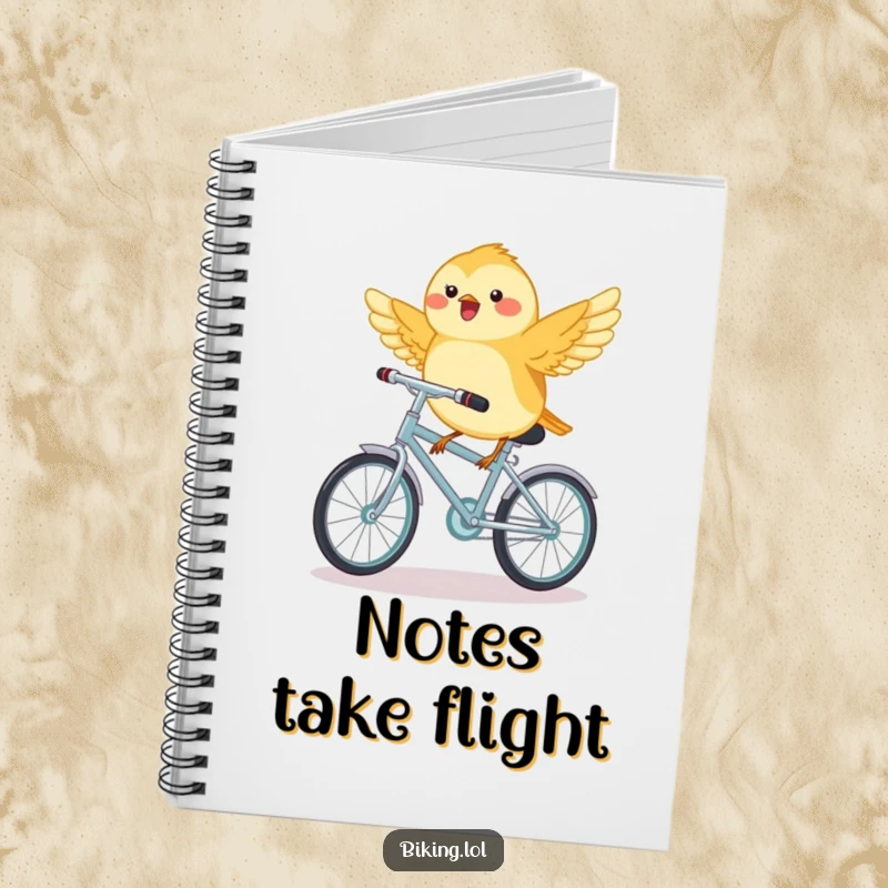 Funny chickadee bird on a tiny bicycle, wings outstretched, a notebook for creative thoughts.