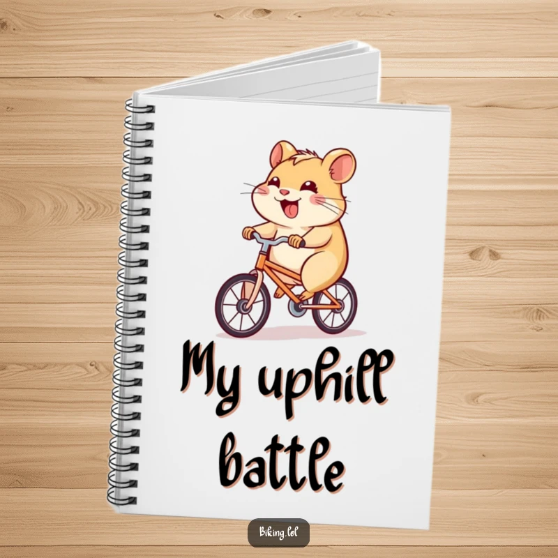Funny hamster notebook with a determined hamster pedaling a tiny bicycle uphill with a joyful grin, perfect for journaling.